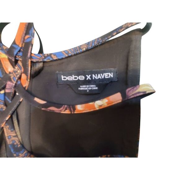Women Bebe X Naven Black Floral Print Polyester Lined Cross Zip Back Dress Size - Picture 7 of 11
